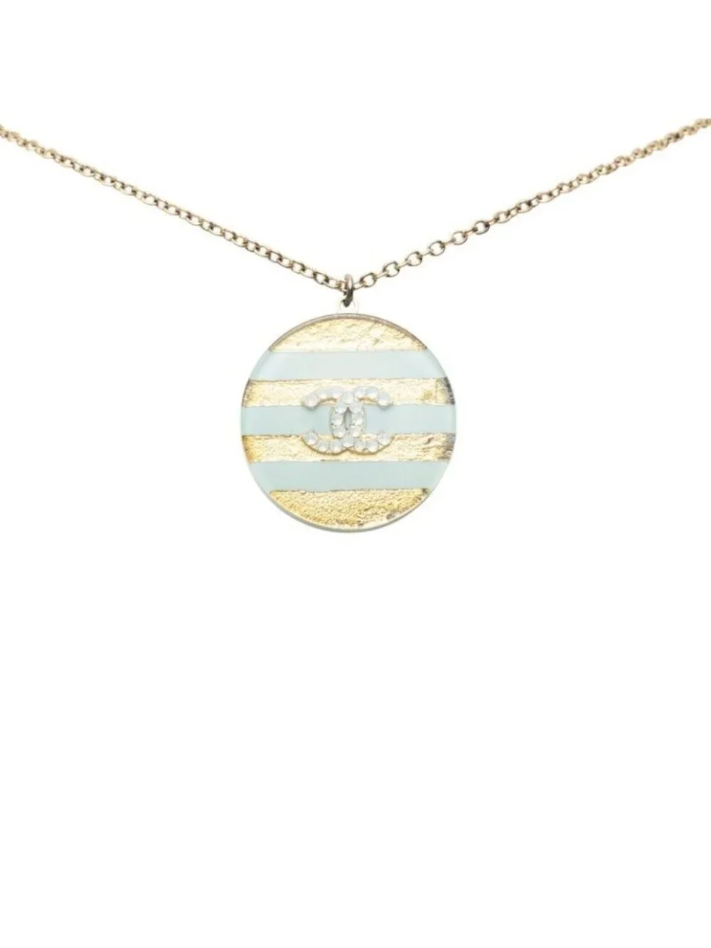 Chanel CC Logo Icon Border Necklace Gold Blue Plated Resin